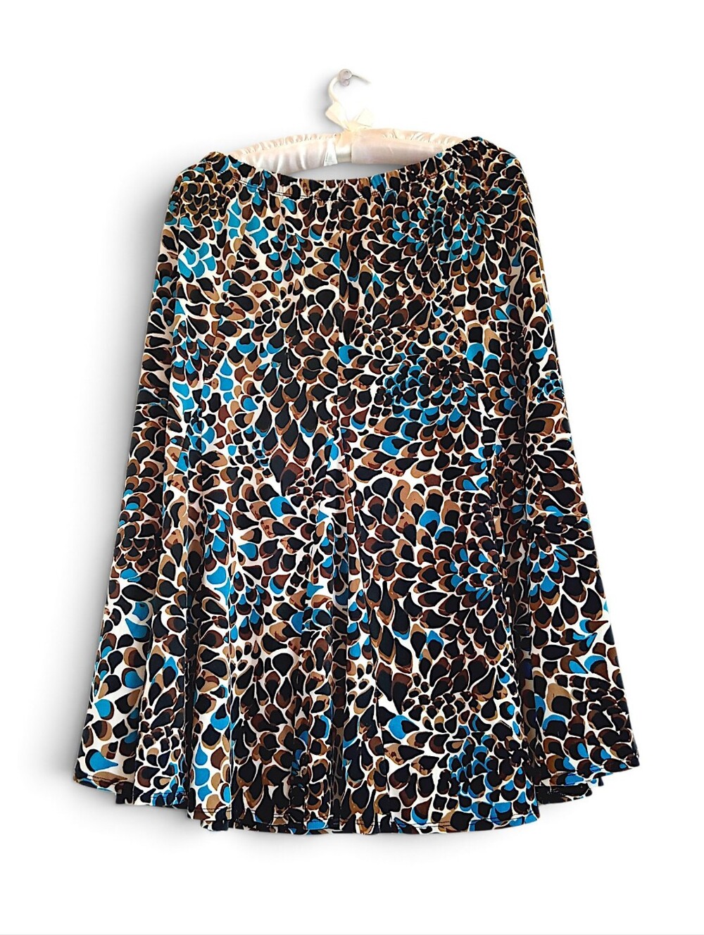 Chico's A-Line Skirt in Teal, Brown, Black & Cream Abstract Print Stretchy Midi
